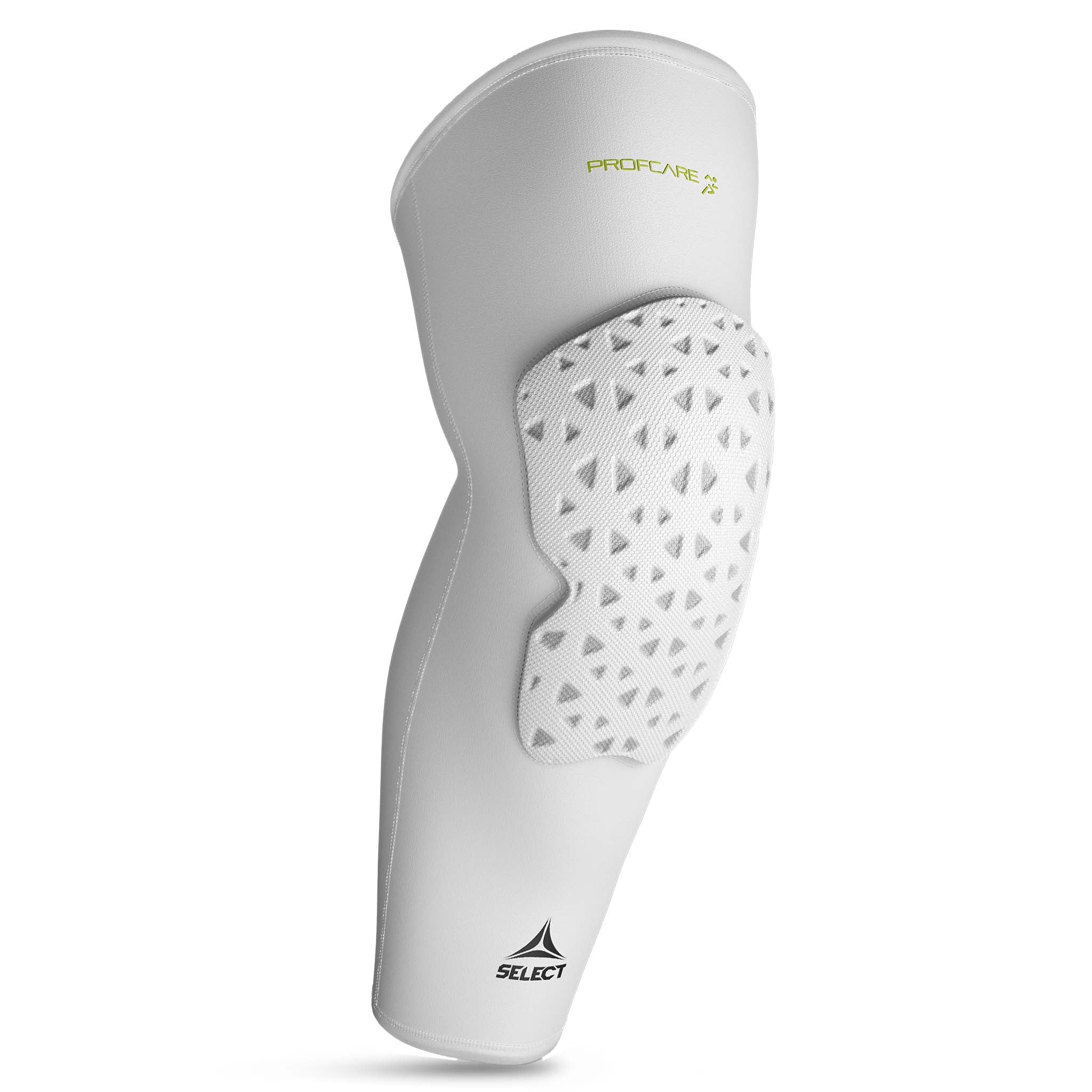 Hvid Compression knee support long 6253, sportsstøtte, forside med polstret panel.
