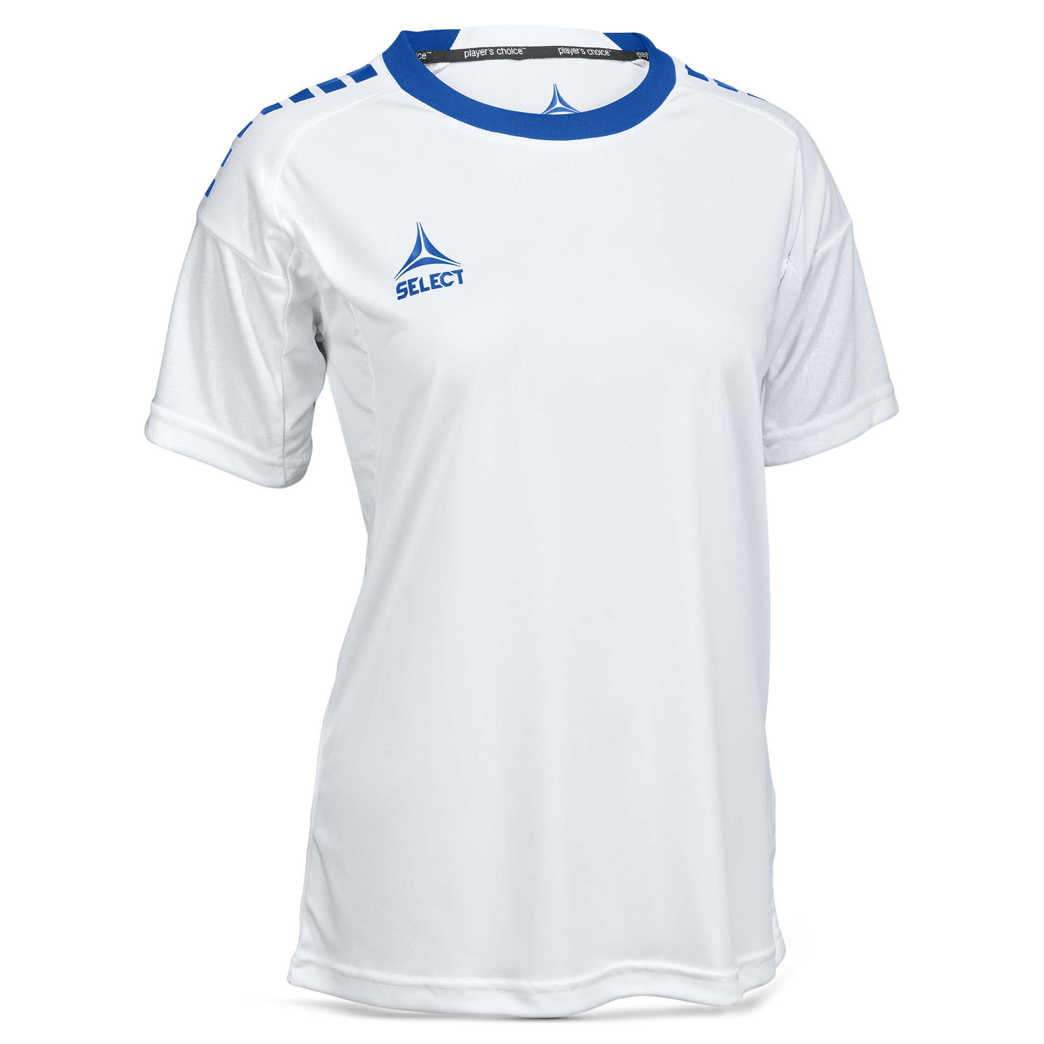 Forside af hvid og blå Player shirt S/S Spain woman v25, Match & Training wear fodbold.